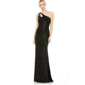 NEW Ieena for Mac Duggal Black Sequin Gown One Shoulder Column Size 0 42029